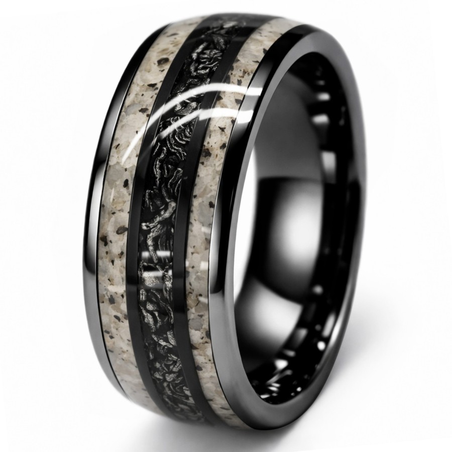 Bague en tungstène - PVD noir - "Flame Stone" noire et blanche incrustée - largeur 8mm - Taille 58 à 68