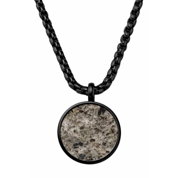 Collier en acier - PVD noir - "Flame Stone" blanche incrustée - pendentif rond 20mm - 50+10cm