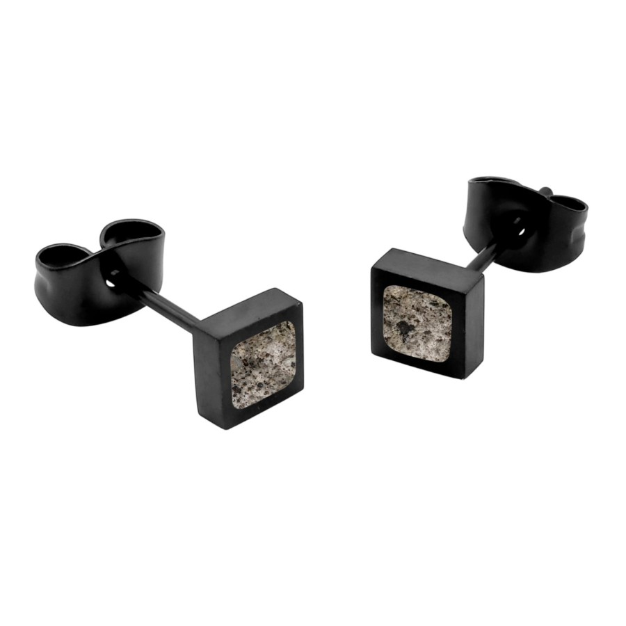 Boucles d'oreilles acier carré PVD noir - "Flame Stone" blanche incrustée - 5x5mm - épaissseur 3mm