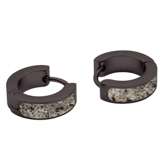 Créoles acier PVD noir - "Flame Stone" blanche incrustée - diamètre intérieur 10mm