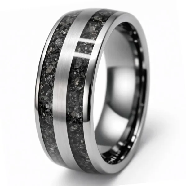 Bague en tungstène - "Flame Stone" noire incrustée - largeur 8mm - Taille 58 à 68