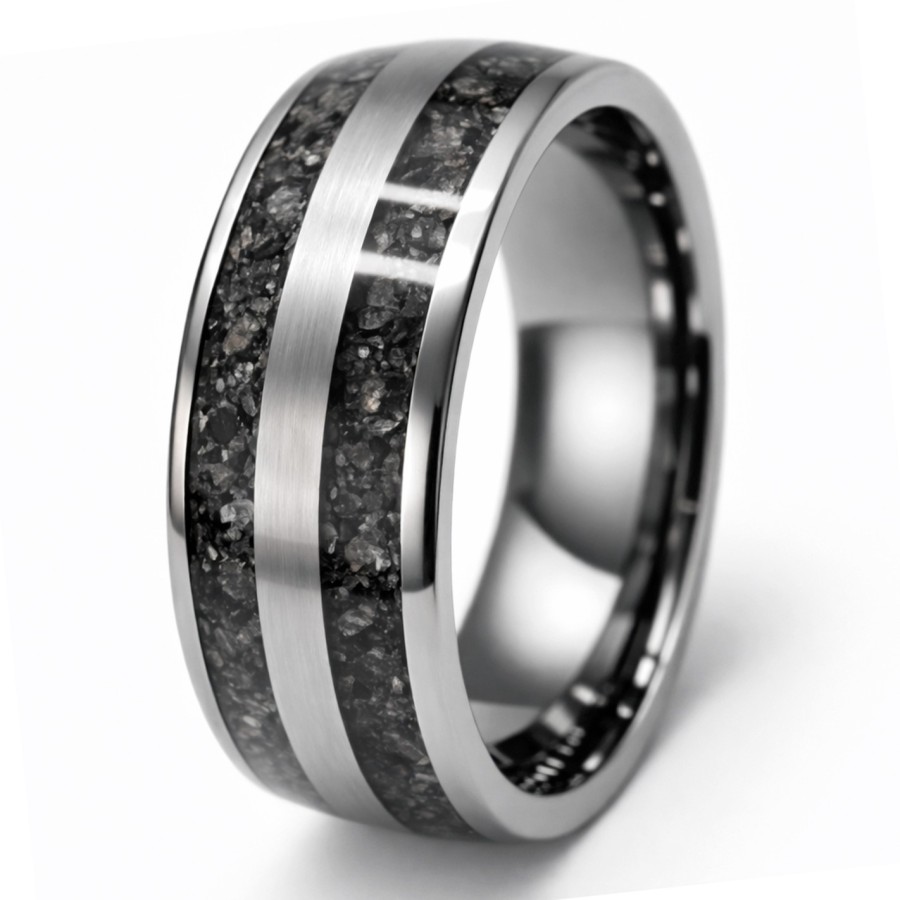 Bague en tungstène - "Flame Stone" noire incrustée - largeur 8mm - Taille 58 à 68