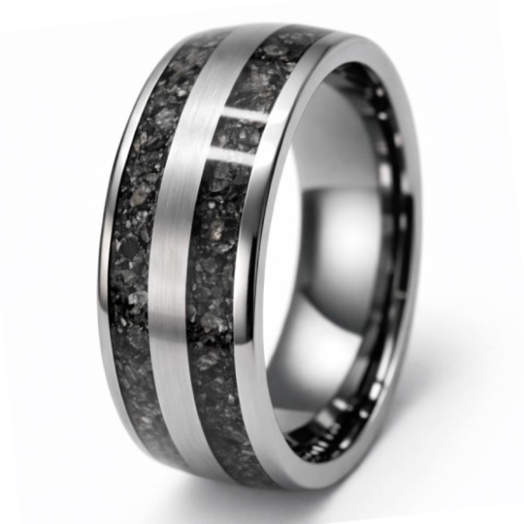 Bague en tungstène - "Flame Stone" noire incrustée - largeur 8mm - Taille 58 à 68