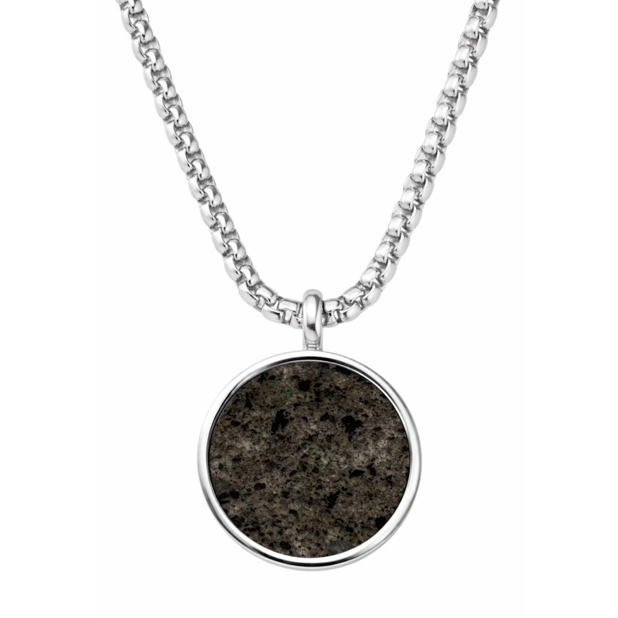 Collier en acier - "Flame Stone" noire incrustée - pendant rond 20mm - 50+10cm