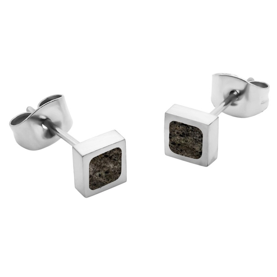 Boucles d'oreilles acier carré - "Flame Stone" noire incrustée - 5x5mm - épaissseur 3mm
