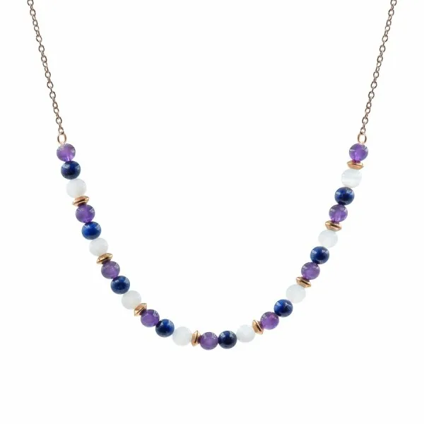 Collier lithothérapie "Calme Intérieur" - Calcédoine bleue - Lapis Lazuli - Améthyste - PVD rosé - 40+8cm