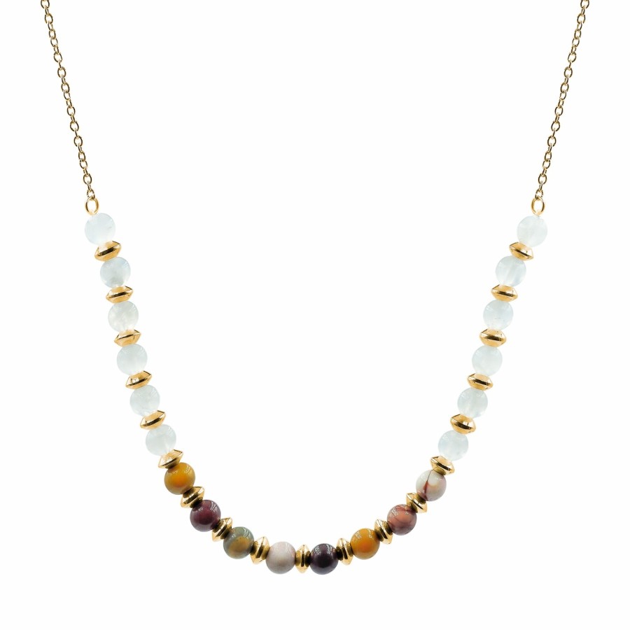 Collier lithothérapie "Super Girl" - Pierre de Lune - Mookaite - PVD doré - 40+8cm