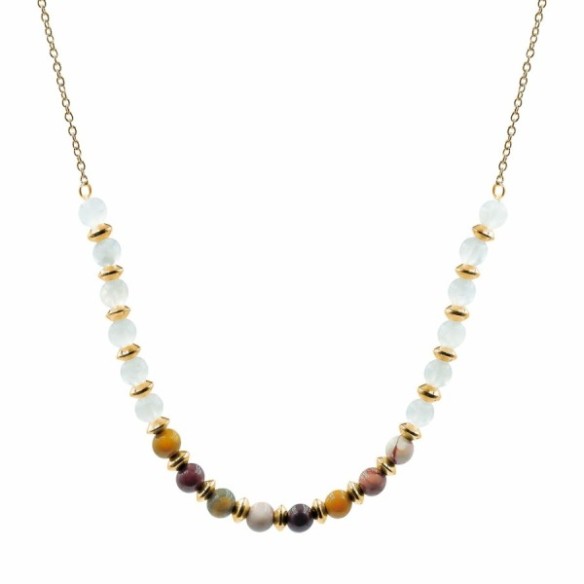 Collier lithothérapie "Super Girl" - Pierre de Lune - Mookaite - PVD doré - 40+8cm