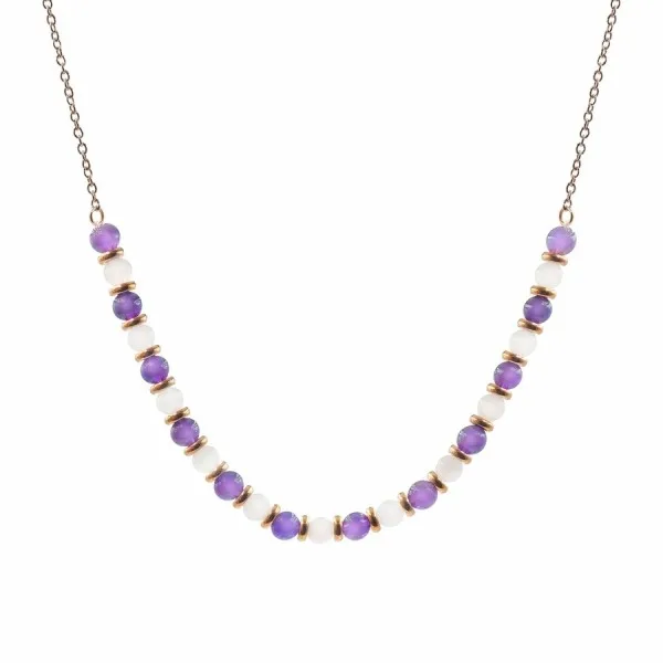 Collier lithothérapie "Bonne Nuit" - Améthyste - Quartz Rose - PVD rosé - 40+8cm