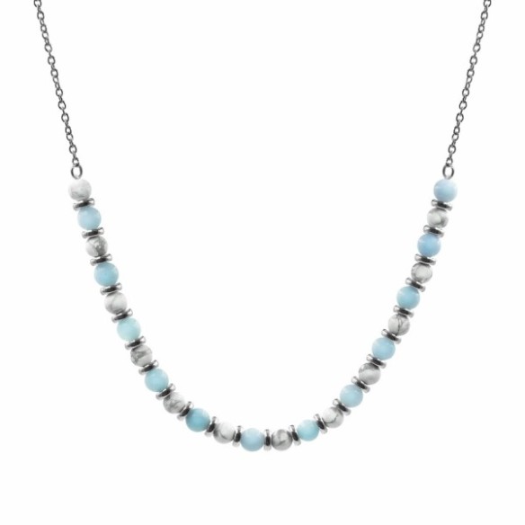 Collier lithothérapie "Zen Attitude" - Aigue Marine - Howlite Blanche - 40+8cm