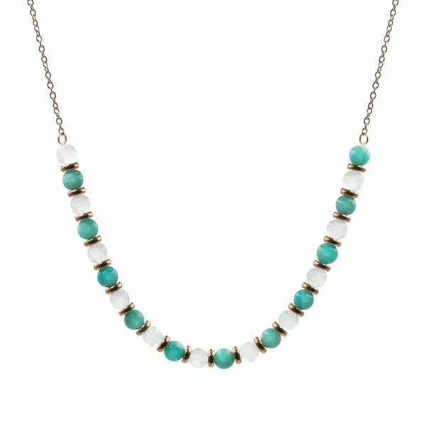 Collier lithothérapie "Essence Féminine" - Amazonite - Pierre de lune - PVD doré - 40+8cm