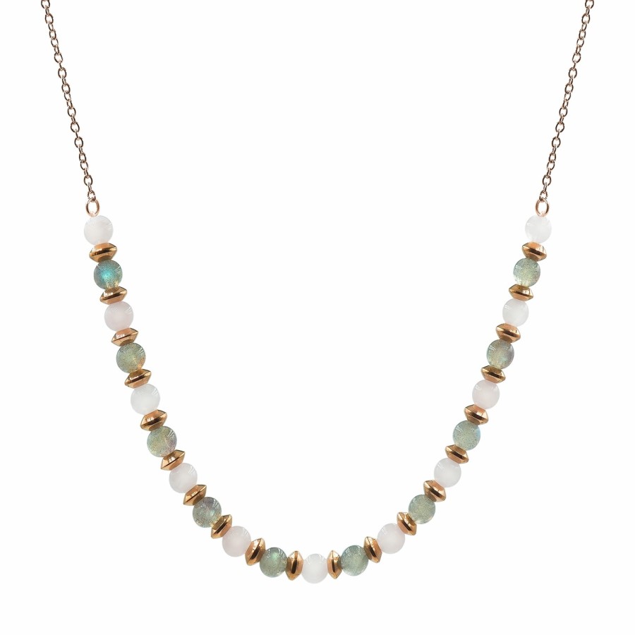 Collier lithothérapie "Libre comme l'Air" - Labradorite - Quartz Rose - PVD rosé - 40+8cm
