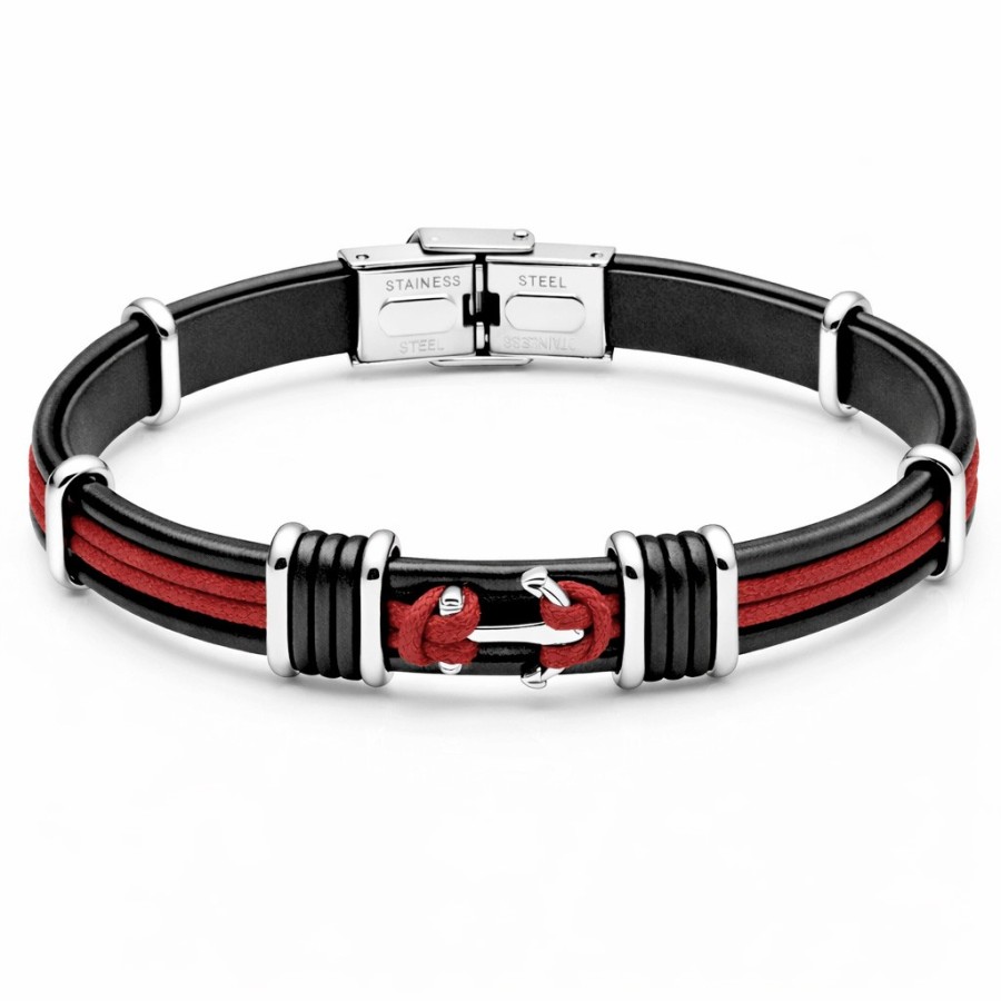 Bracelet en acier - cuir italien noir - cordon bordeaux et noir - ancre marine - largeur 10mm - 21,5cm ajustable