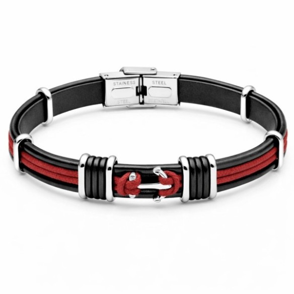 Bracelet en acier - cuir italien noir - cordon bordeaux et noir - ancre marine - largeur 10mm - 21,5cm ajustable