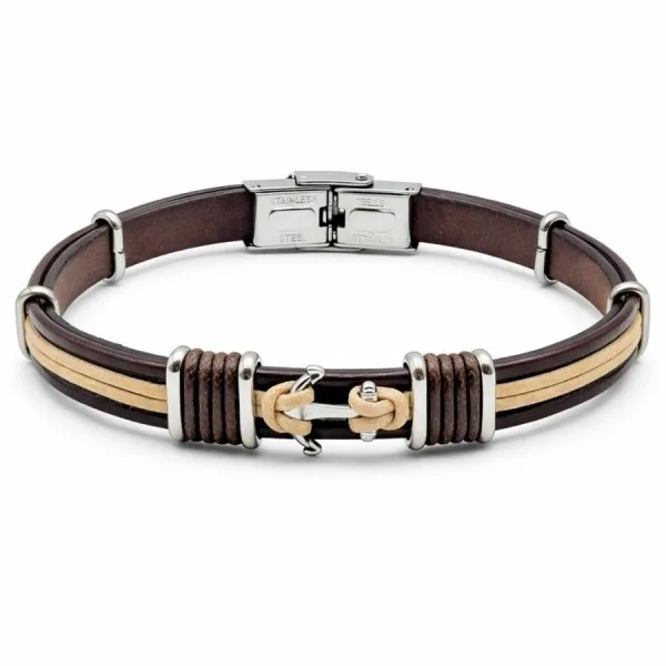 Bracelet en acier - cuir italien marron - cordon beige et marron - ancre marine - largeur 10mm - 21,5cm ajustable