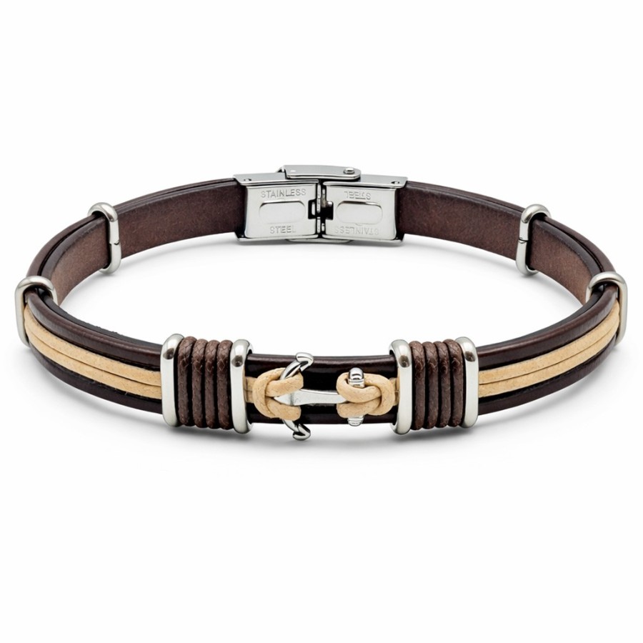 Bracelet en acier - cuir italien marron - cordon beige et marron - ancre marine - largeur 10mm - 21,5cm ajustable