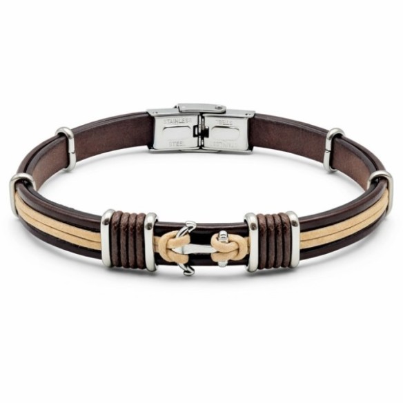 Bracelet en acier - cuir italien marron - cordon beige et marron - ancre marine - largeur 10mm - 21,5cm ajustable