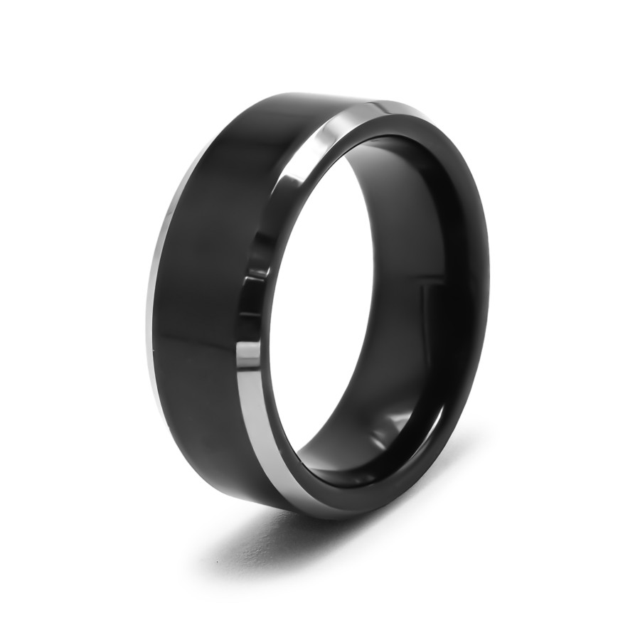 Bague tungstène - couleur argent & PVD Noir - côté biseauté 1mm cha...
