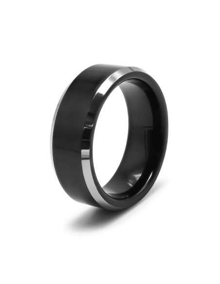 Bague tungstène - couleur argent & PVD Noir - côté biseauté 1mm cha...