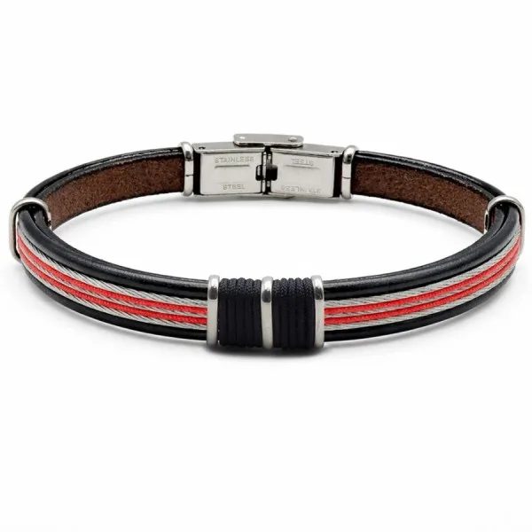 Bracelet en acier - cuir italien noir - cordon rouge et noir - câbles acier - largeur 8mm - 21,5cm ajustable