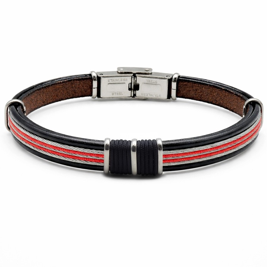 Bracelet en acier - cuir italien noir - cordon rouge et noir - câbles acier - largeur 8mm - 21,5cm ajustable