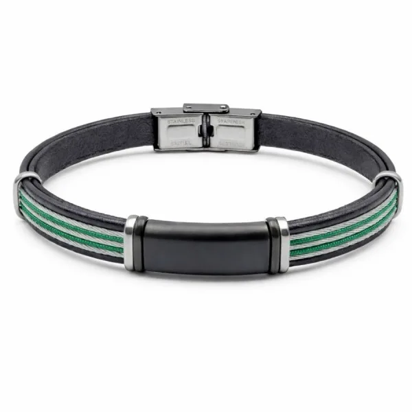 Bracelet en acier 2 tons acier & PVD noir - cuir italien noir - cordon vert - câble acier - largeur 10mm - 21,5cm ajustable