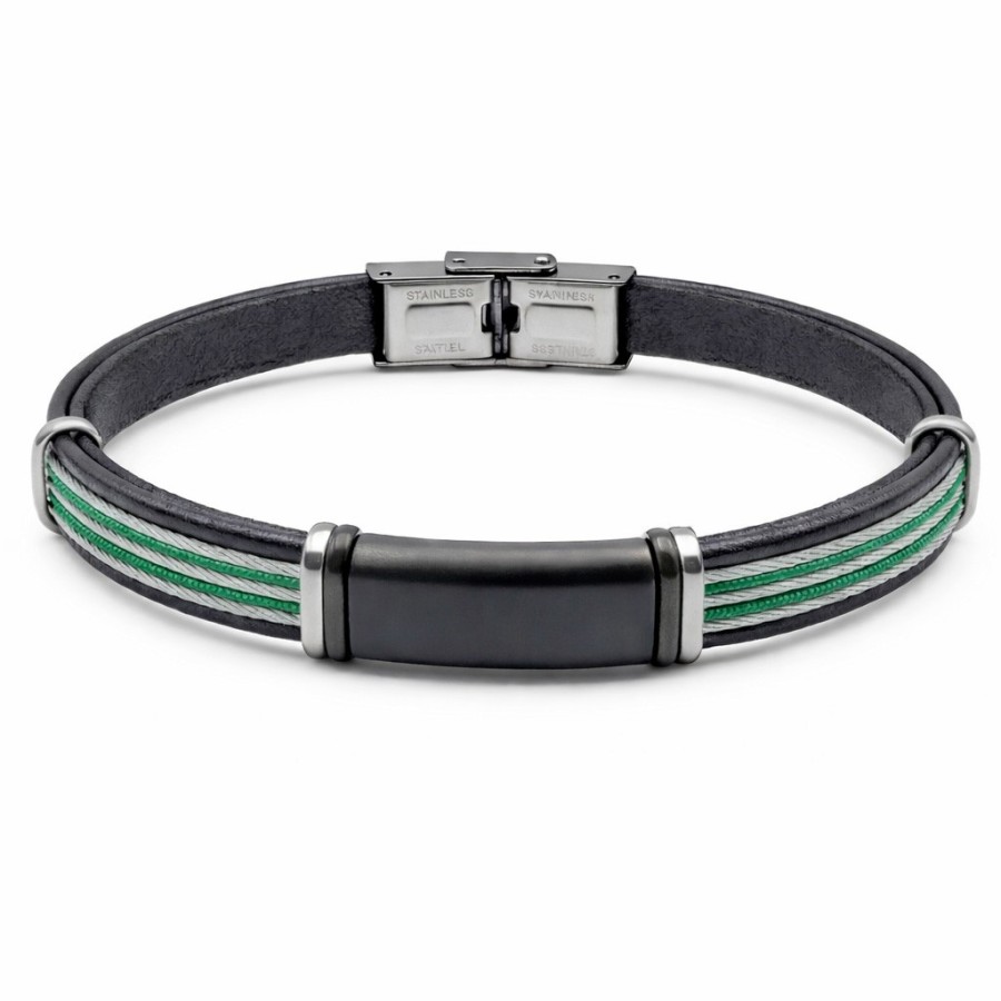 Bracelet en acier 2 tons acier & PVD noir - cuir italien noir - cordon vert - câble acier - largeur 10mm - 21,5cm ajustable