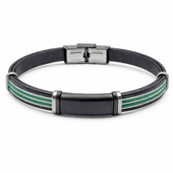 Bracelet en acier 2 tons acier & PVD noir - cuir italien noir - cordon vert - câble acier - largeur 10mm - 21,5cm ajustable