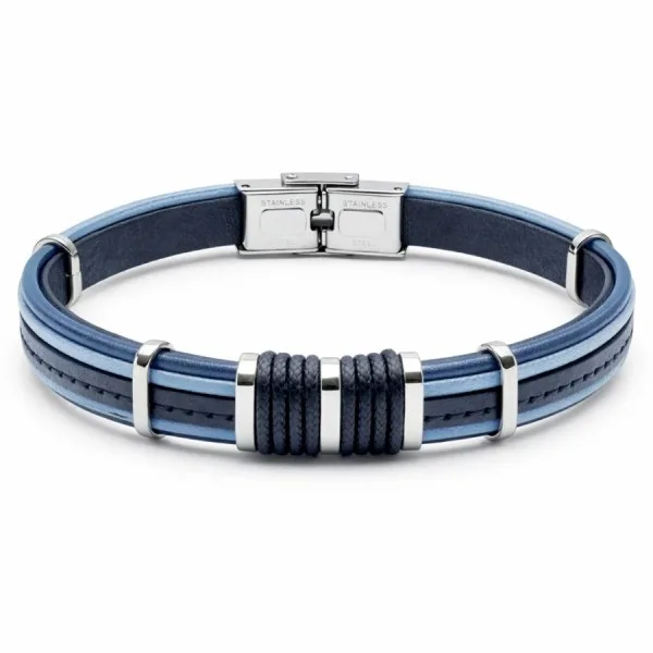Bracelet en acier - cuir italien bleu foncé et noir - cordon bleu clair - largeur 10mm - 21,5cm ajustable