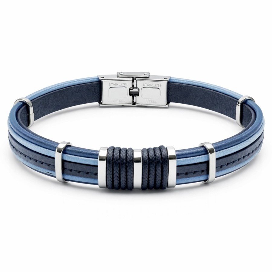 Bracelet en acier - cuir italien bleu foncé et noir - cordon bleu clair - largeur 10mm - 21,5cm ajustable