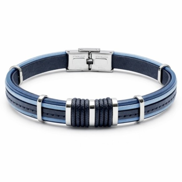 Bracelet en acier - cuir italien bleu foncé et noir - cordon bleu clair - largeur 10mm - 21,5cm ajustable