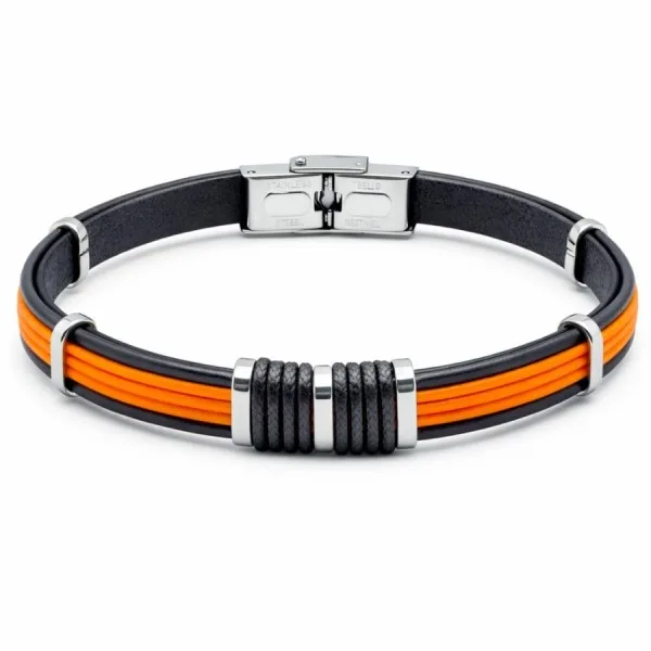Bracelet en acier - cuir italien noir cordon orange et noir - largeur 8mm - 21,5cm ajustable
