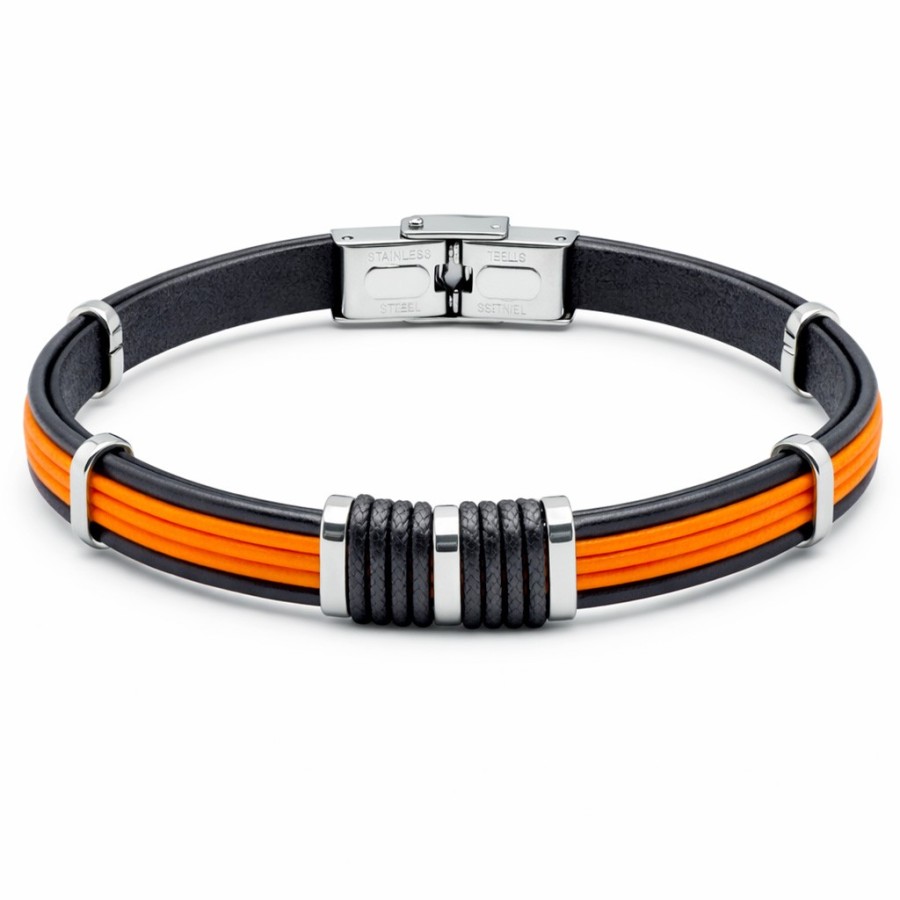Bracelet en acier - cuir italien noir cordon orange et noir - largeur 8mm - 21,5cm ajustable