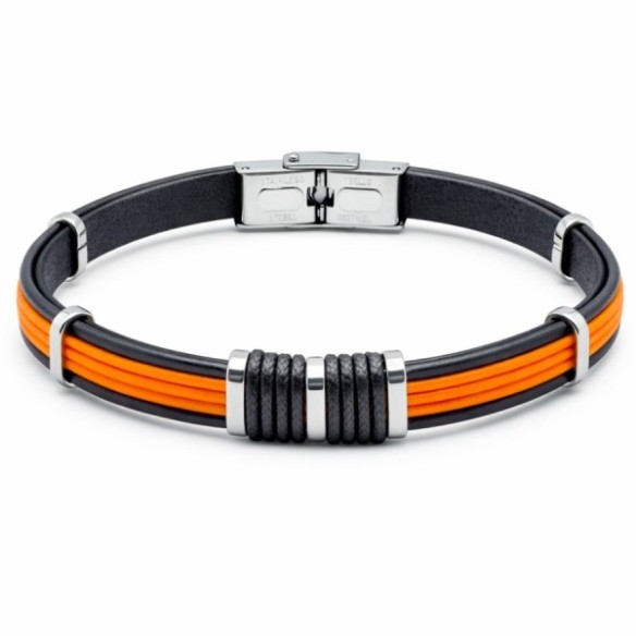 Bracelet en acier - cuir italien noir cordon orange et noir - largeur 8mm - 21,5cm ajustable