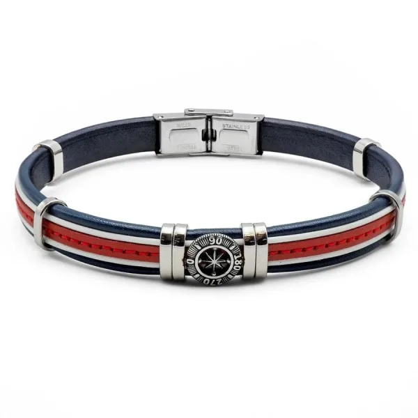 Bracelet en acier - cuir italien bleu foncé, rouge et blanc, rose des vents - largeur 10mm - 21,5cm ajustable