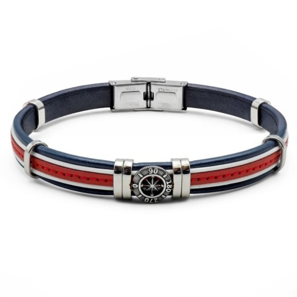 Bracelet en acier - cuir italien bleu foncé, rouge et blanc, rose des vents - largeur 10mm - 21,5cm ajustable