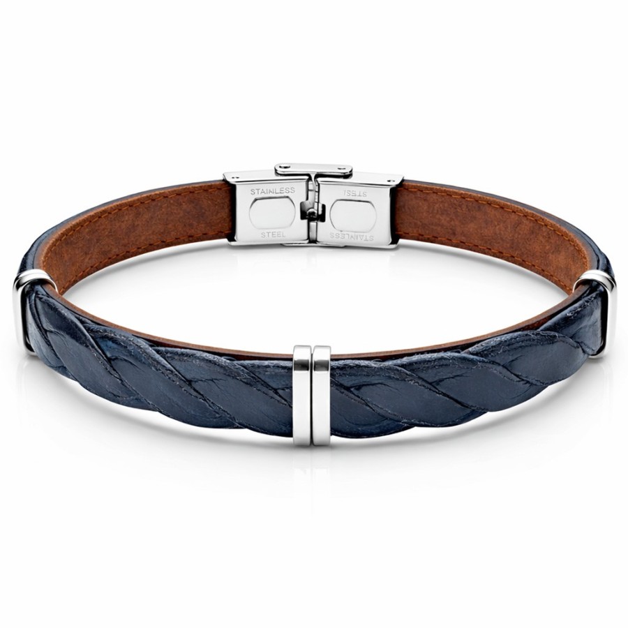 Bracelet en acier - cuir italien tressé bleu effet veilli et cuir interne marron - largeur 10mm - 21,5cm ajustable