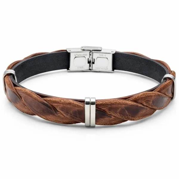 Bracelet en acier - cuir italien marron tressé effet veilli et cuir interne noir - largeur 10mm - 21,5cm ajustable