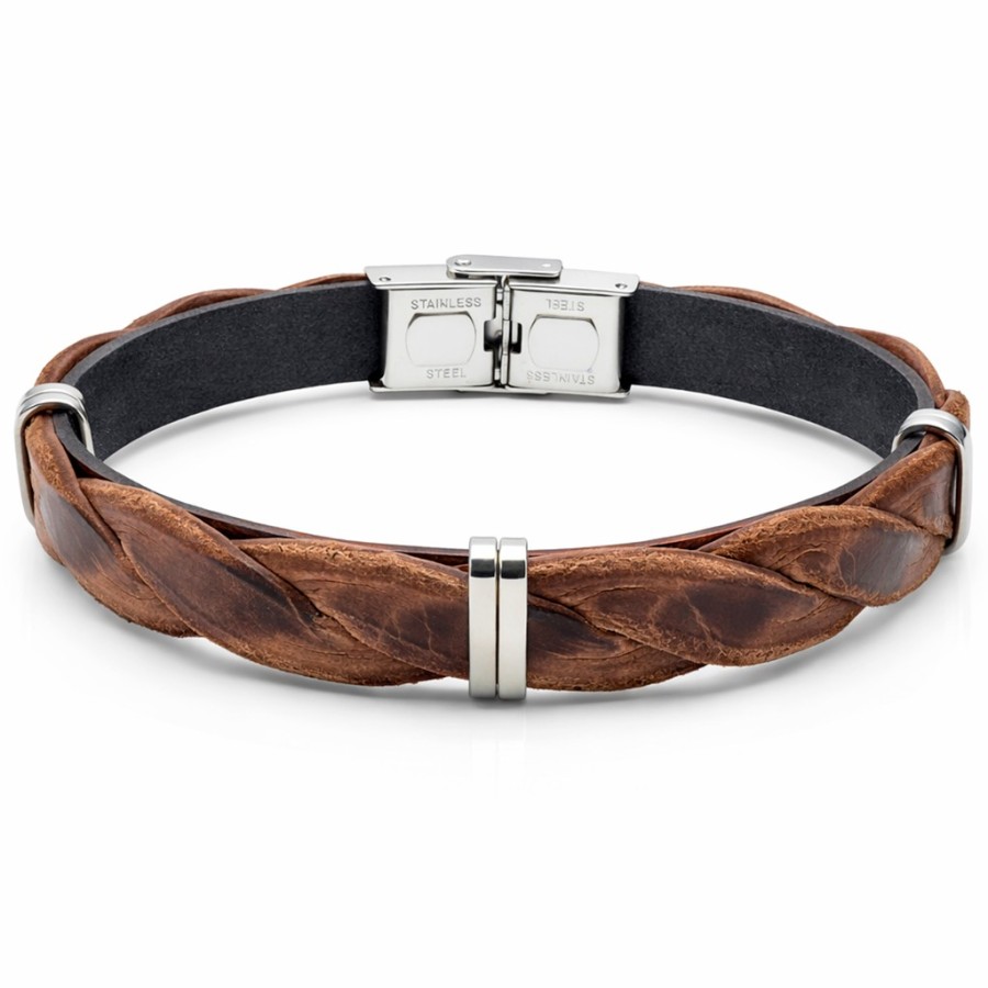 Bracelet en acier - cuir italien marron tressé effet veilli et cuir interne noir - largeur 10mm - 21,5cm ajustable
