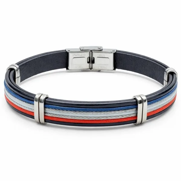 Bracelet en acier - cuir italien noir et cordon bleu, blanc, rouge et câbles acier - largeur 10mm - 21,5cm ajustable