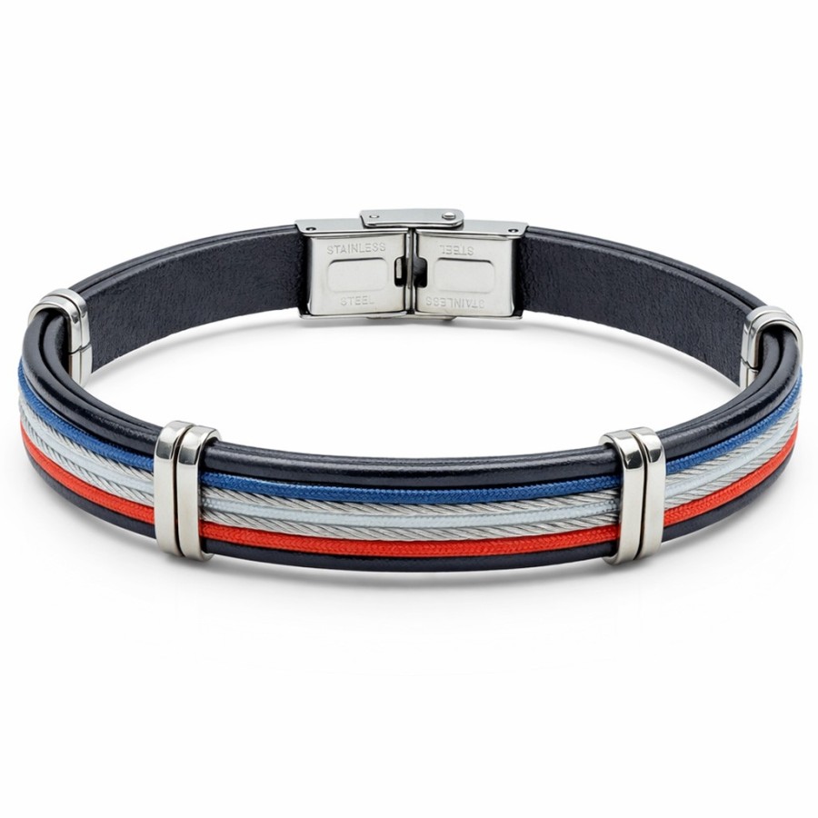 Bracelet en acier - cuir italien noir et cordon bleu, blanc, rouge et câbles acier - largeur 10mm - 21,5cm ajustable