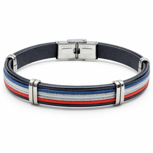 Bracelet en acier - cuir italien noir et cordon bleu, blanc, rouge et câbles acier - largeur 10mm - 21,5cm ajustable