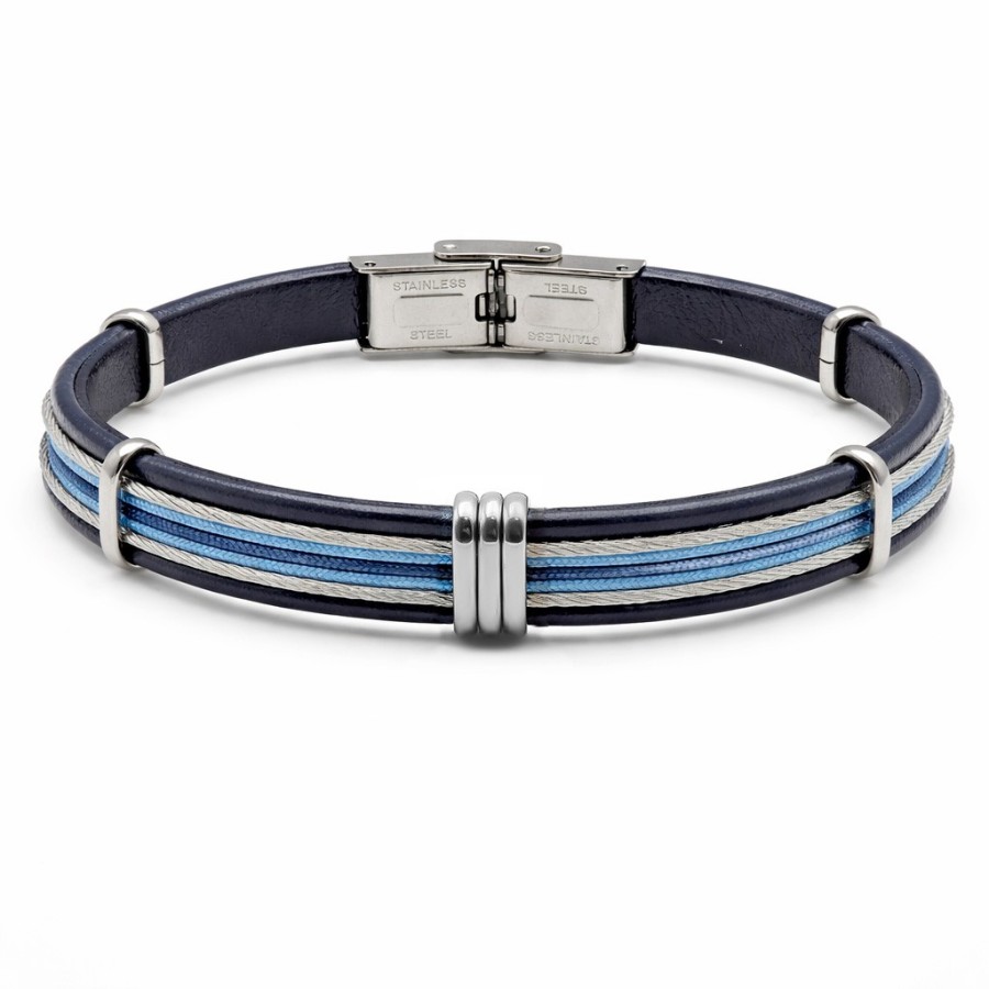Bracelet en acier - cuir italien bleu foncé, cordon bleu clair et foncé, câbles acier - largeur 10mm - 21,5cm ajustable