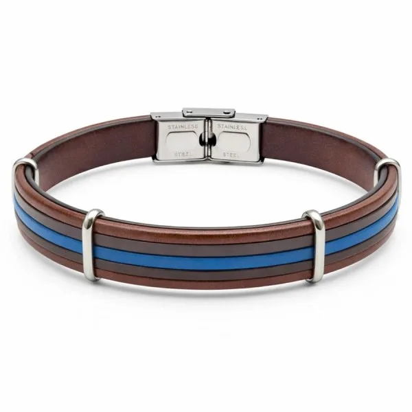 Bracelet en acier - cuir italien marron et bleu - largeur 10mm - 21,5cm ajustable