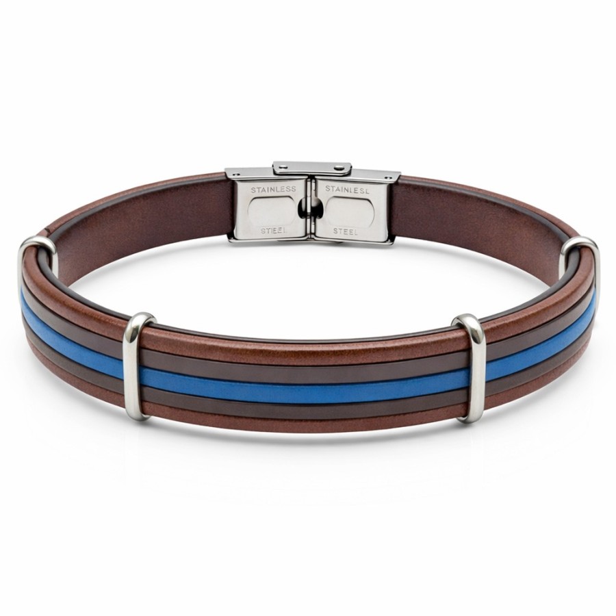 Bracelet en acier - cuir italien marron et bleu - largeur 10mm - 21,5cm ajustable