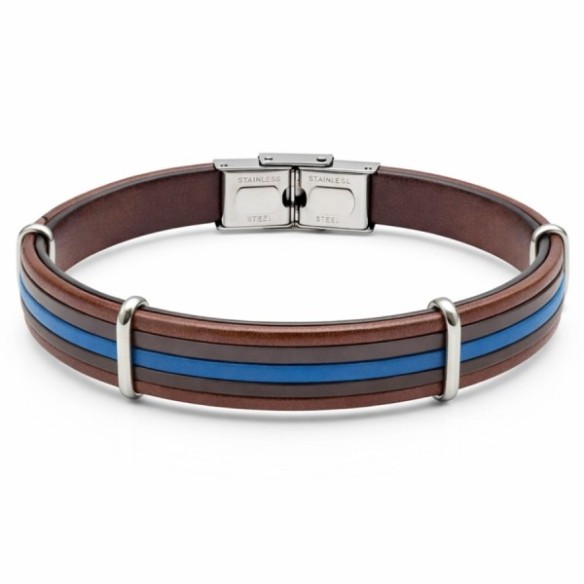 Bracelet en acier - cuir italien marron et bleu - largeur 10mm - 21,5cm ajustable