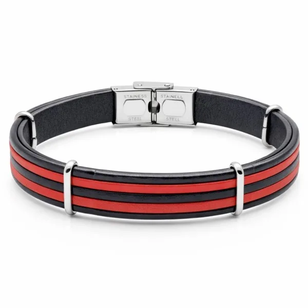 Bracelet en acier - cuir italien noir et rouge - largeur 10mm - 21,5cm ajustable