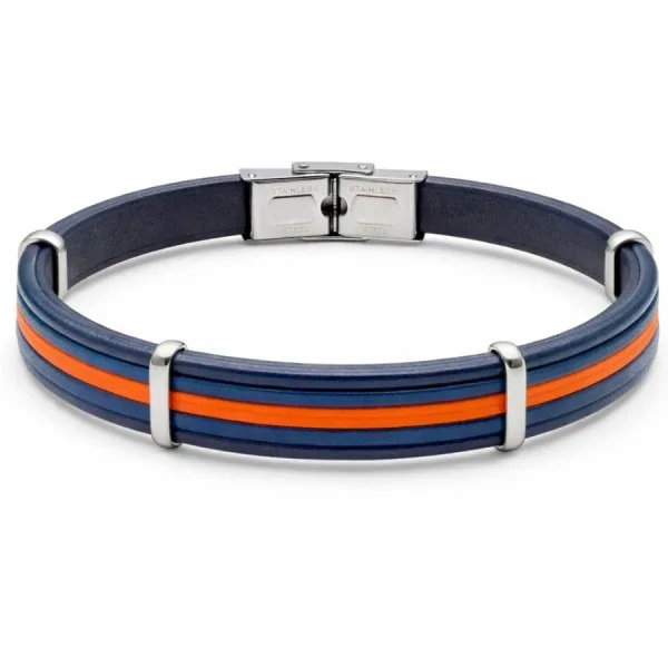 Bracelet en acier - cuir italien orange et bleu - largeur 10mm - 21,5cm ajustable