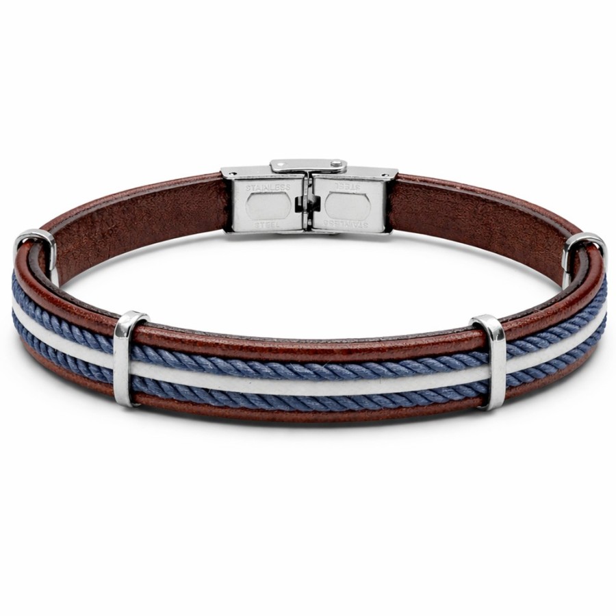 Bracelet en acier - cuir italien marron et cordon bleu foncé et blanc - largeur 10mm - 21,5cm ajustable