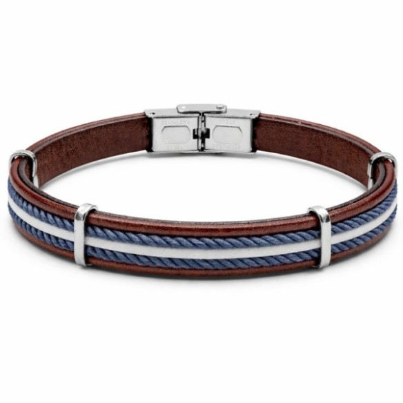 Bracelet en acier - cuir italien marron et cordon bleu foncé et blanc - largeur 10mm - 21,5cm ajustable
